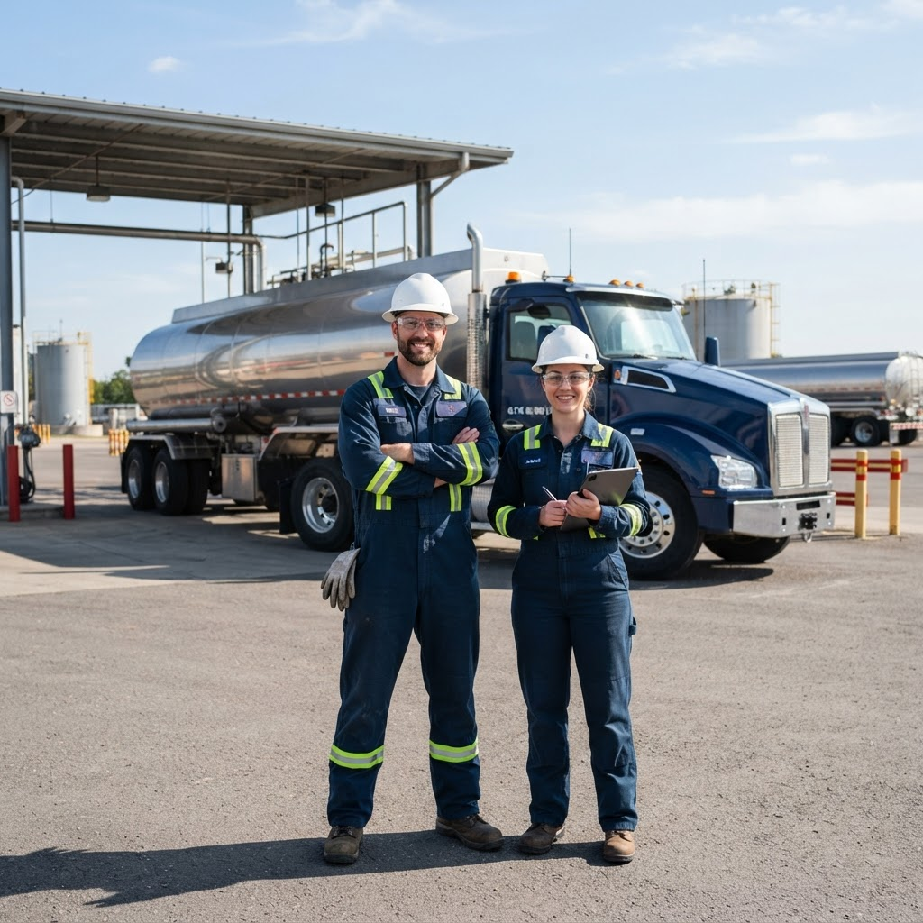 ACE Solutions delivery technicians standing in front of a stainless steel tanker truck